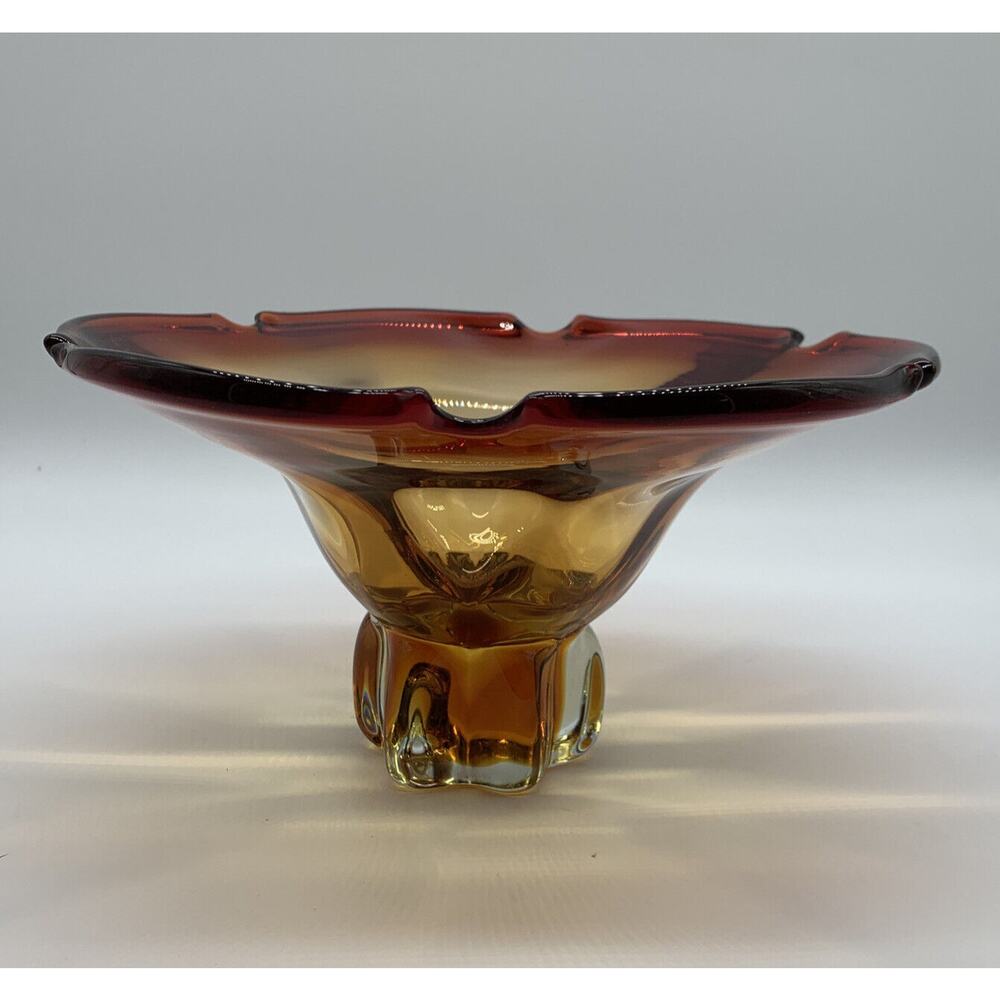 Chalet Art Glass Pedestal Bowl Amber Center Piece Console Bowl 10” Read